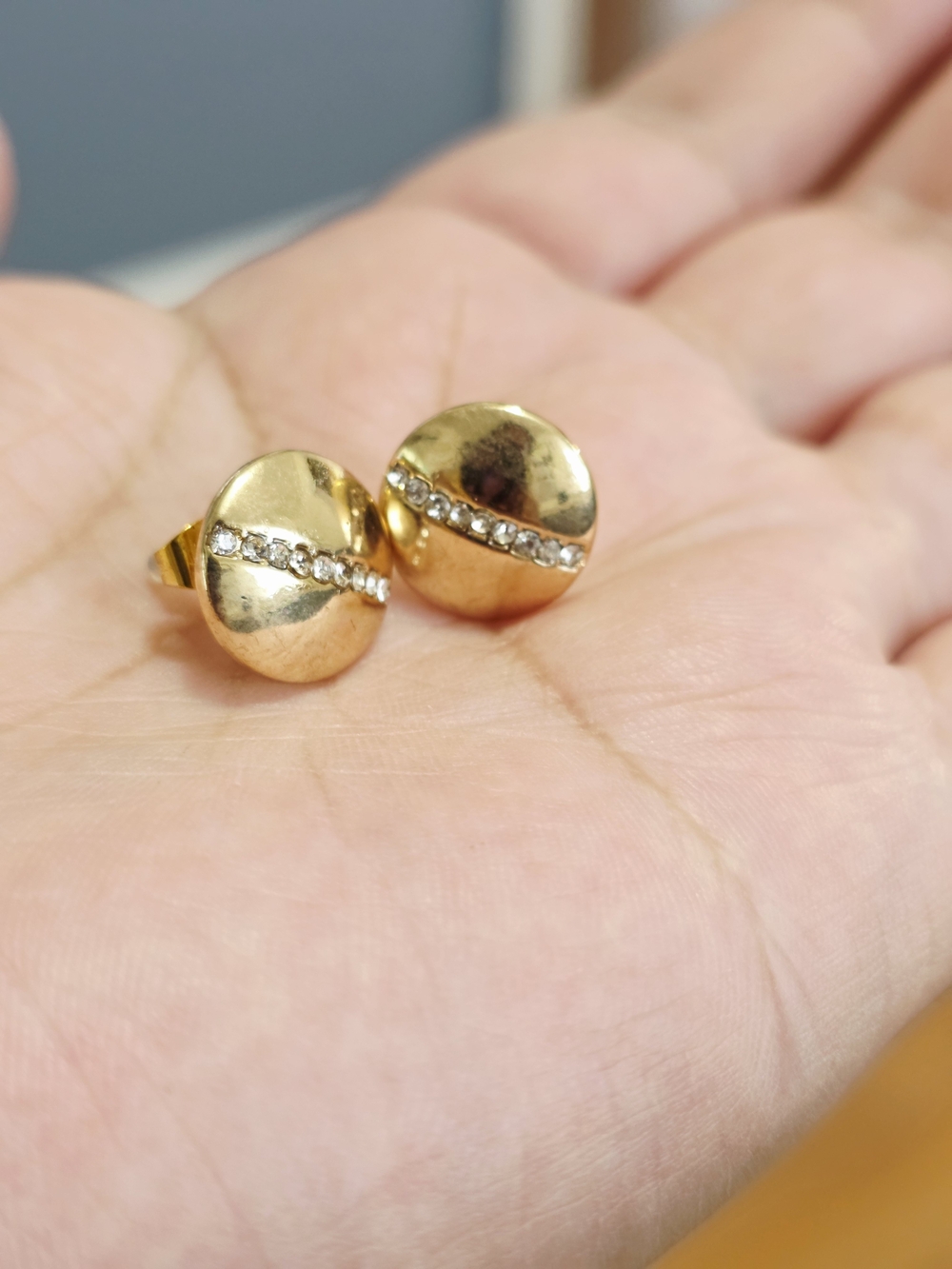 14k Gold Plated Round Stud Earrings with Crystal Diagonal Accent
